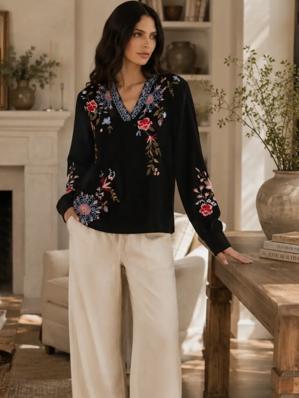 Embroidered V-Neck Black Floral Women's Top